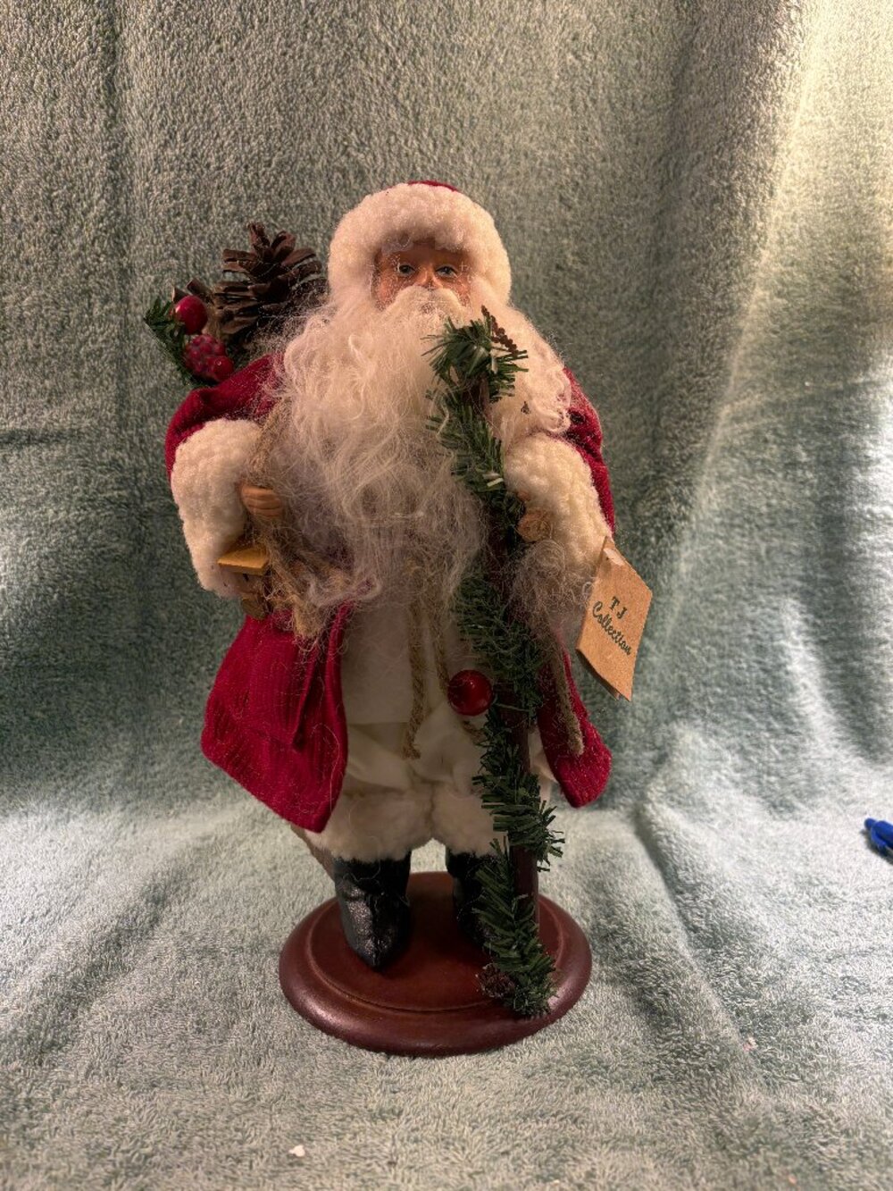 Vintage TJ Collection Santa Claus Figurine Burlap Sack Pinecone Christmas Decor